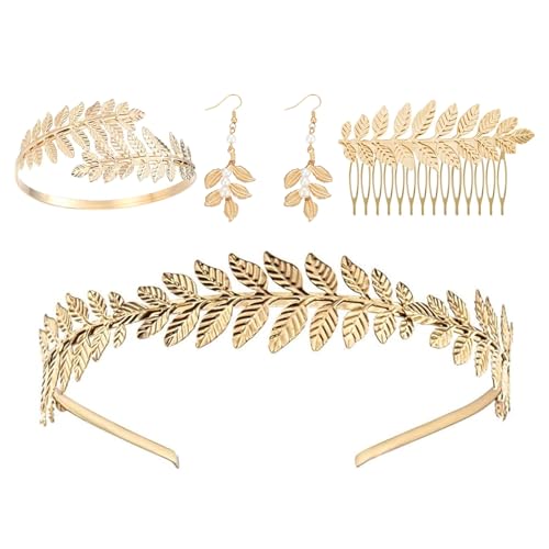 deegbbyi 4 Stück Griechische Göttin Kostüm Schmuck Set, Böhmische Blatt Haarkrone, Verstellbar Lorbeerkranz Kopfschmuck Perlenohrringe Haarkamm Armbinde, für Mädchen und Frauen geeignet von deegbbyi