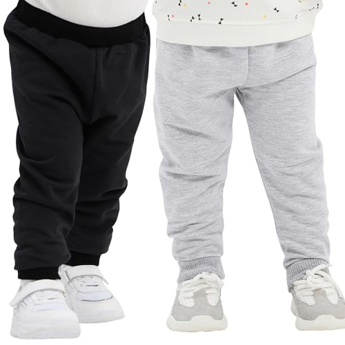 100% Baumwolle Babyhosen Kinderhosen | 2 er-Pack Lässig Sweathose Weiche und Bequeme Babykleidung für Jungen und Mädchen (12-18 Monate, Schwarz - Grau) von deiko
