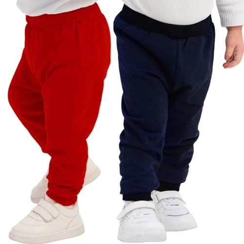 100% Baumwolle Babyhosen Kinderhosen | 2 er-Pack Lässig Sweathose Weiche und Bequeme Babykleidung für Jungen und Mädchen (6-9 Monate, Rot - Marineblau) von deiko