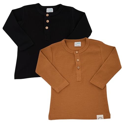 2er-Pack Langärmelige Kinder-T-Shirts mit Knöpfen aus 100% Baumwolle – Weiche und Atmungsaktive Essentials für Jungen und Mädchen (12-18 Monate, Schwarz - Braun) von deiko
