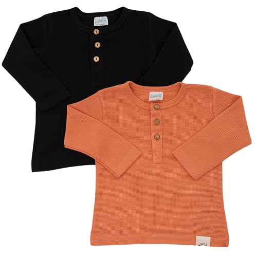 2er-Pack Langärmelige Kinder-T-Shirts mit Knöpfen aus 100% Baumwolle – Weiche und Atmungsaktive Essentials für Jungen und Mädchen (12-18 Monate, Schwarz - Orange) von deiko