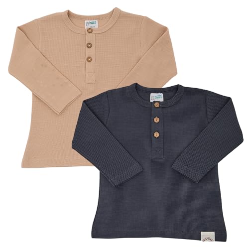 2er-Pack Langärmelige Kinder-T-Shirts mit Knöpfen aus 100% Baumwolle – Weiche und Atmungsaktive Essentials für Jungen und Mädchen (9-12 Monate, Anthrazit - Beige) von deiko