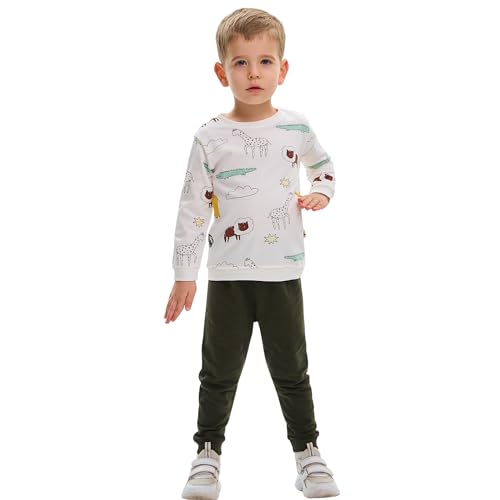 Kinder Jungen Mädchen Unisex Kleidung%100 Baumwolle Outfit Kinder Kleidung Set | 2tlg langärmliges Oberteil und Hose mit Taschen (Grün - Weiß von deiko