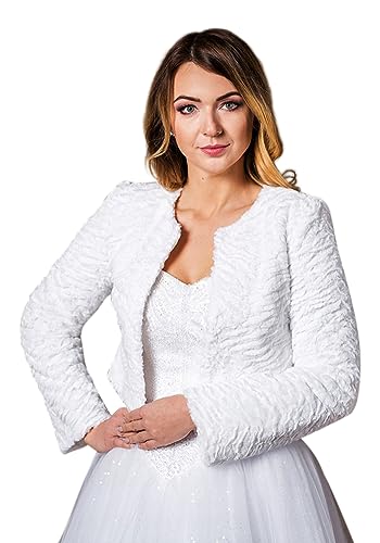 deine-Brautmode Brautjacke Jacke Bolero Hochzeit Braut Hochzeitsjacke Bolerojacke Langarm Fell Pelz CH-48 Weiß 36 von deine-Brautmode