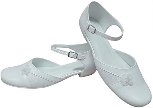 deine-Brautmode Ballerinas Bequeme Schuhe Festliche Kinderschuhe Blumenmädchen Kommunion Leder weiß (Weiß, EU Schuhgrößensystem, Grundschulkind, Numerisch, M, 32) von deine-Brautmode