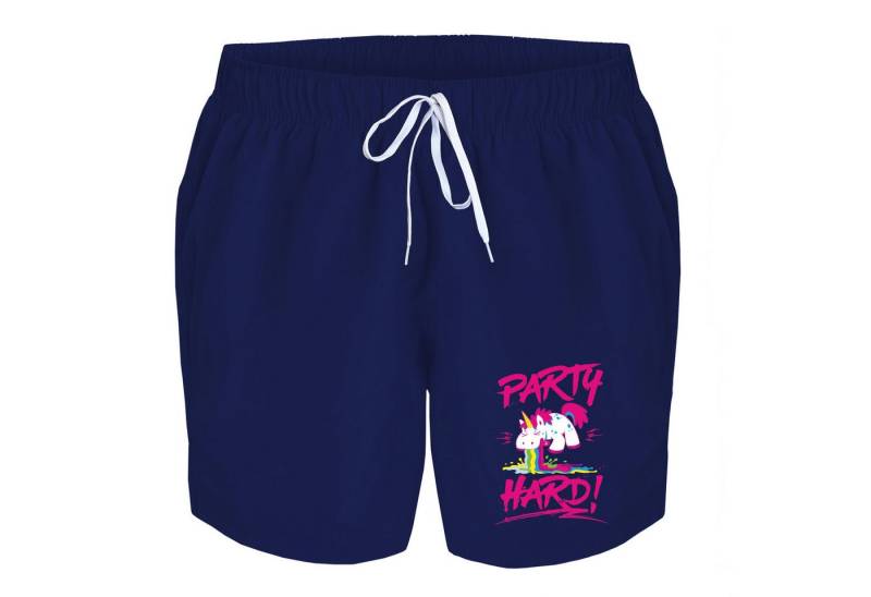 deinshirt Badehose Schwimmshorts Einhorn Party hard Integrierter Netz-Slip, aufgesetzte Gesäßtasche mit Klettverschluss von deinshirt