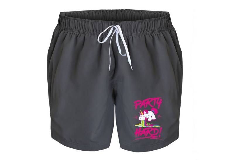 deinshirt Badehose Schwimmshorts Einhorn Party hard Integrierter Netz-Slip, aufgesetzte Gesäßtasche mit Klettverschluss von deinshirt