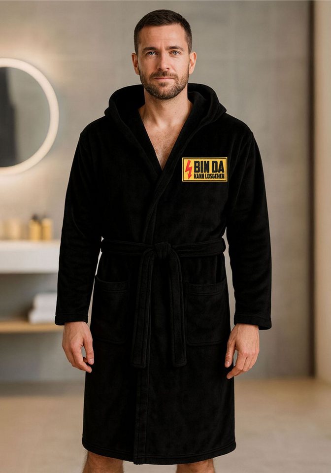 deinshirt Bademantel BIN DA kann losgehen, lange Länge, 100% Polyester, Kapuze, Bindegürtel, mit Kapuze, 2 aufgesetzte Taschen von deinshirt