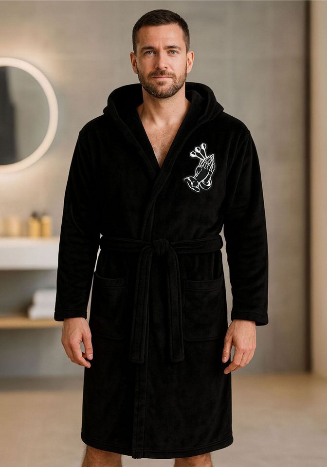 deinshirt Bademantel DARTS Hände, lange Länge, 100% Polyester, Kapuze, Bindegürtel, mit Kapuze, 2 aufgesetzte Taschen von deinshirt