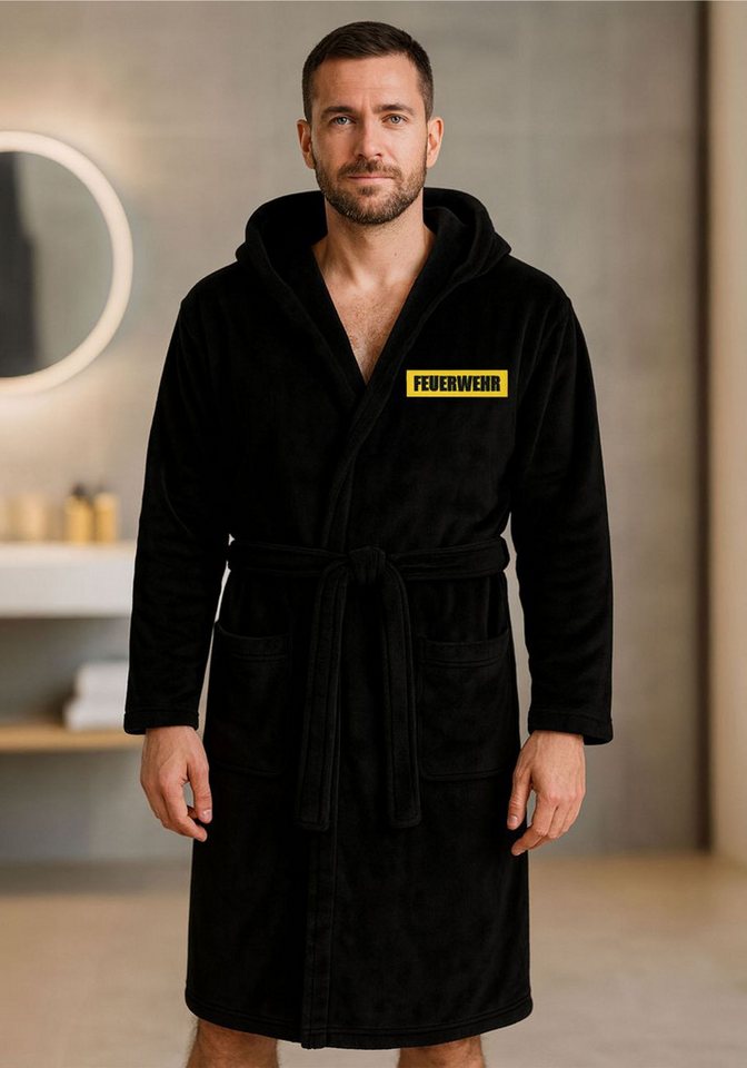 deinshirt Bademantel Feuerwehr Einsatzkräfte, lange Länge, 100% Polyester, Kapuze, Bindegürtel, mit Kapuze, 2 aufgesetzte Taschen von deinshirt