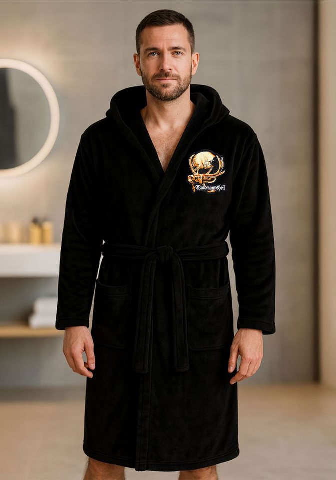 deinshirt Bademantel Waidmannsheil Hirsch, lange Länge, 100% Polyester, Kapuze, Bindegürtel, mit Kapuze, 2 aufgesetzte Taschen von deinshirt
