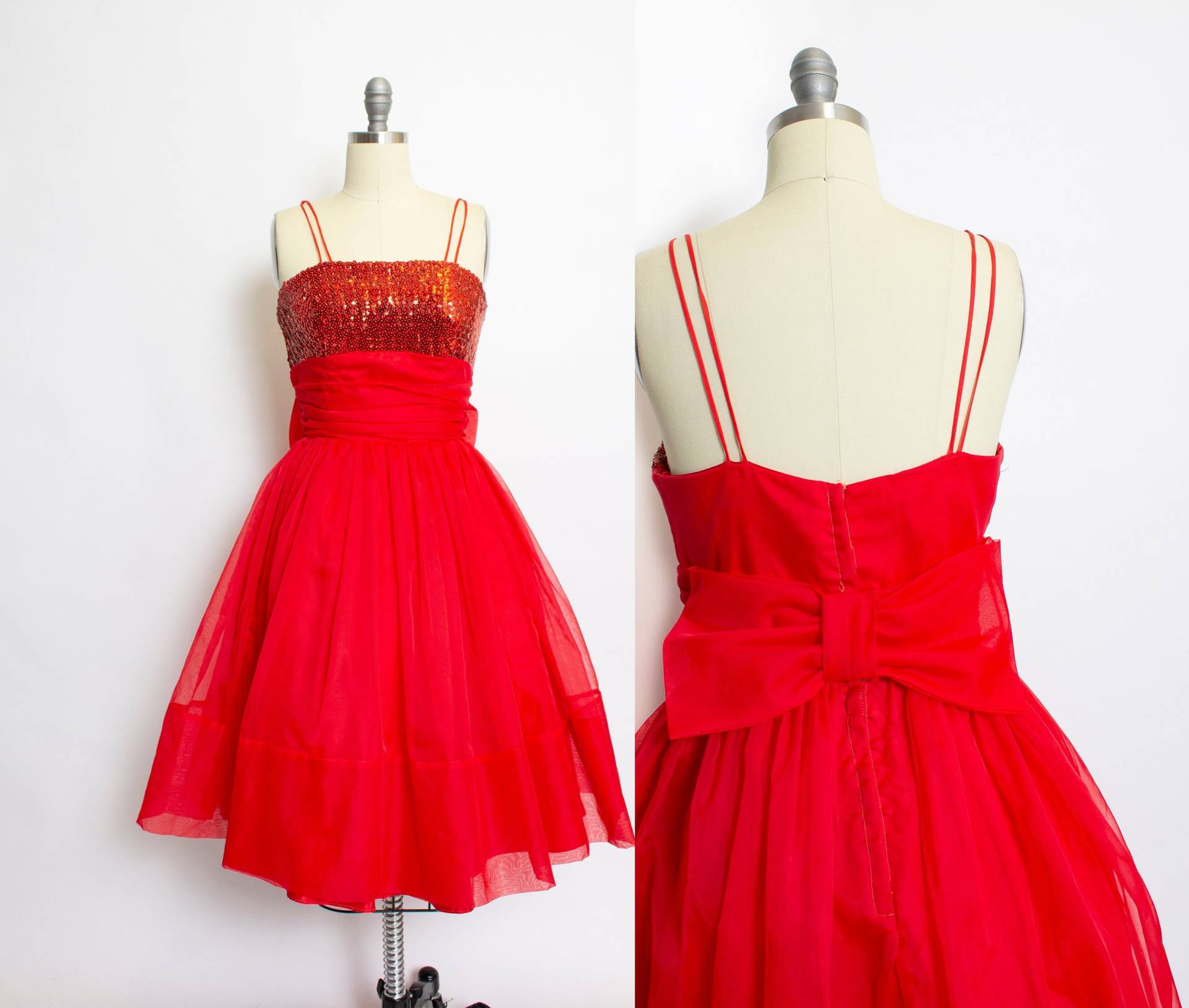 1950Er Jahre Kleid Rote Chiffon Pailletten Tellerrock S von dejavintageboutique