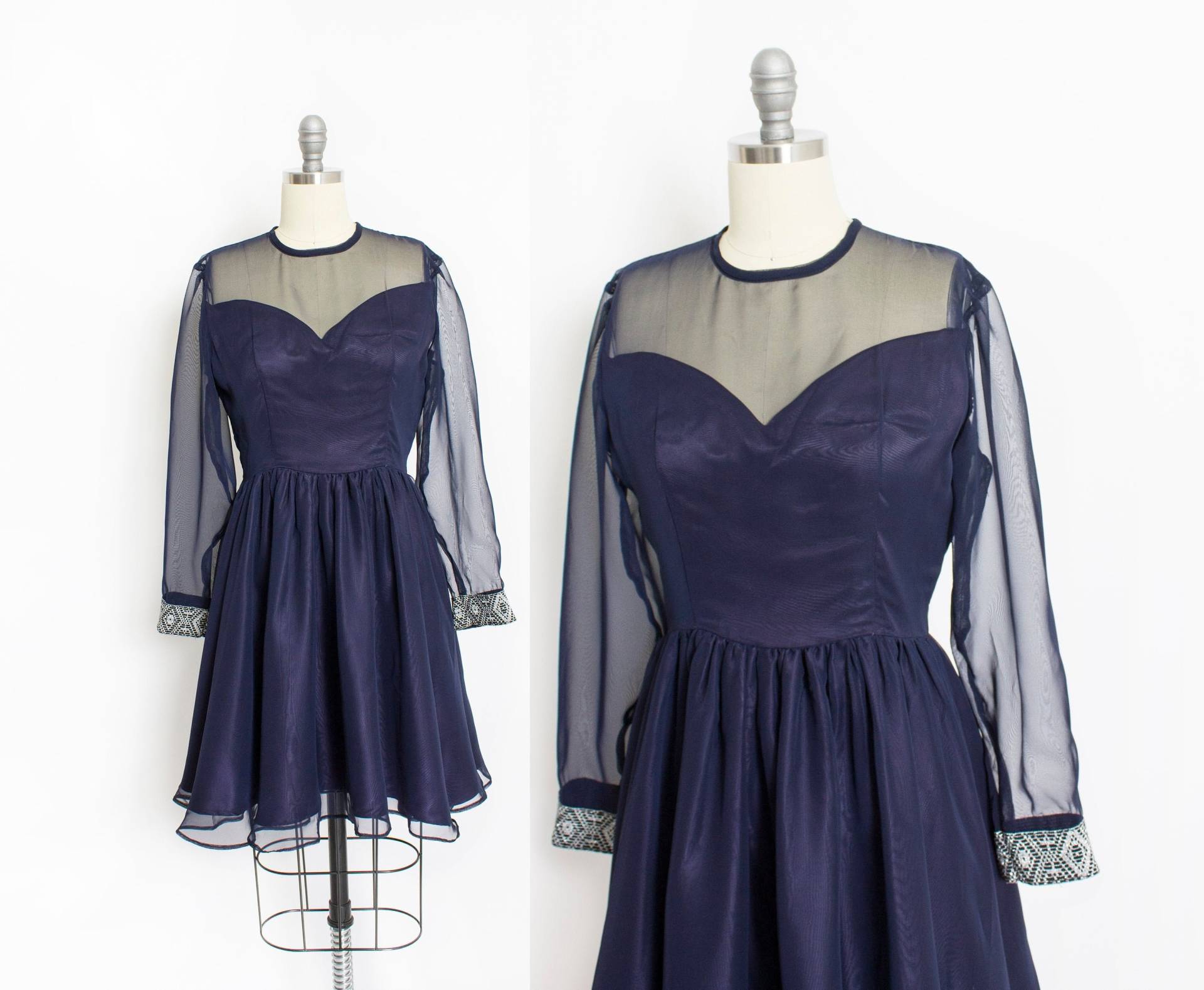 1960Er Kleid Navy Blau Illusion Chiffon Tellerrock S von dejavintageboutique
