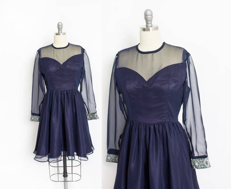 1960Er Kleid Navy Blau Illusion Chiffon Tellerrock S von dejavintageboutique