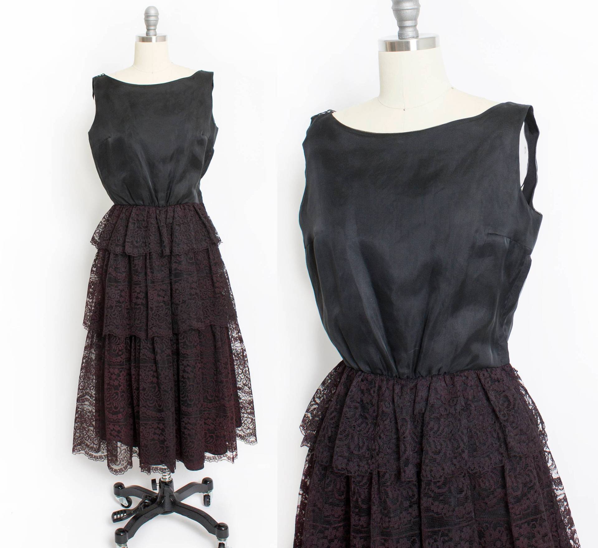 1960Er Kleid Tiered Schwarze Spitze Organza Vollrock S von dejavintageboutique