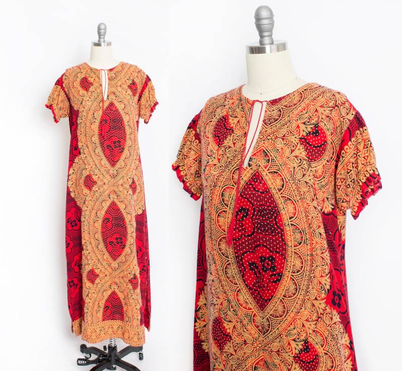 1970Er Jahre Kleid Baumwolle Rot Boho S von dejavintageboutique