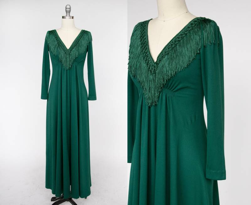 1970Er Jahre Maxikleid Fransengrün Boho Maxi S von dejavintageboutique
