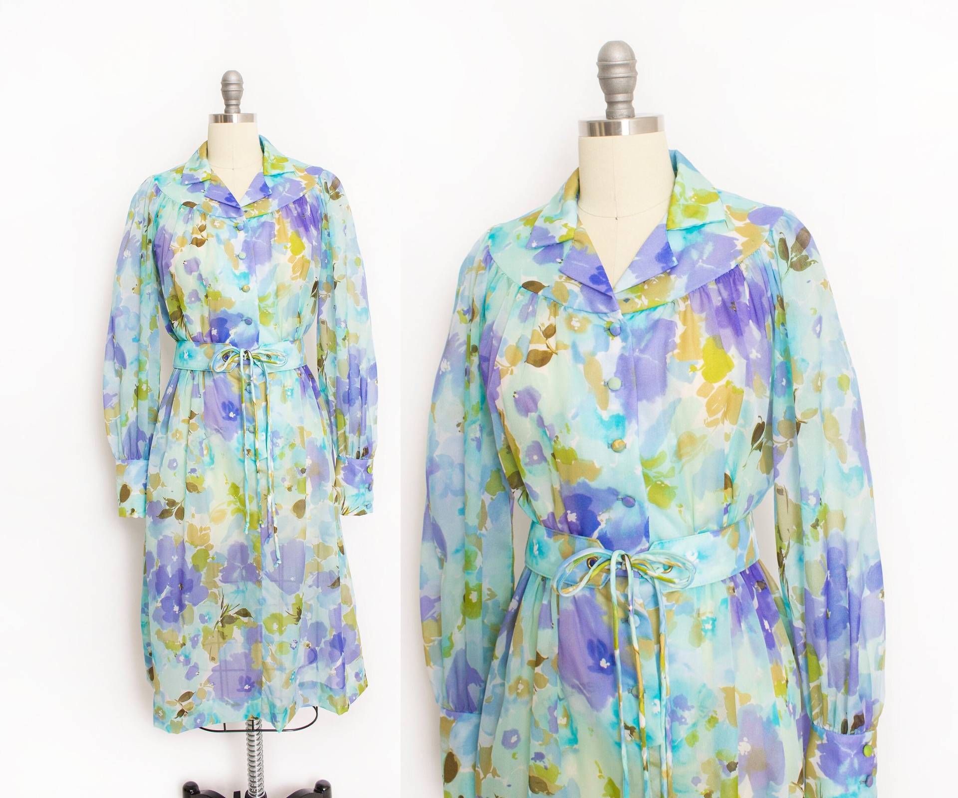 1970Er Kleid Blau Floral Nylon Chiffon Shirttaille S von dejavintageboutique