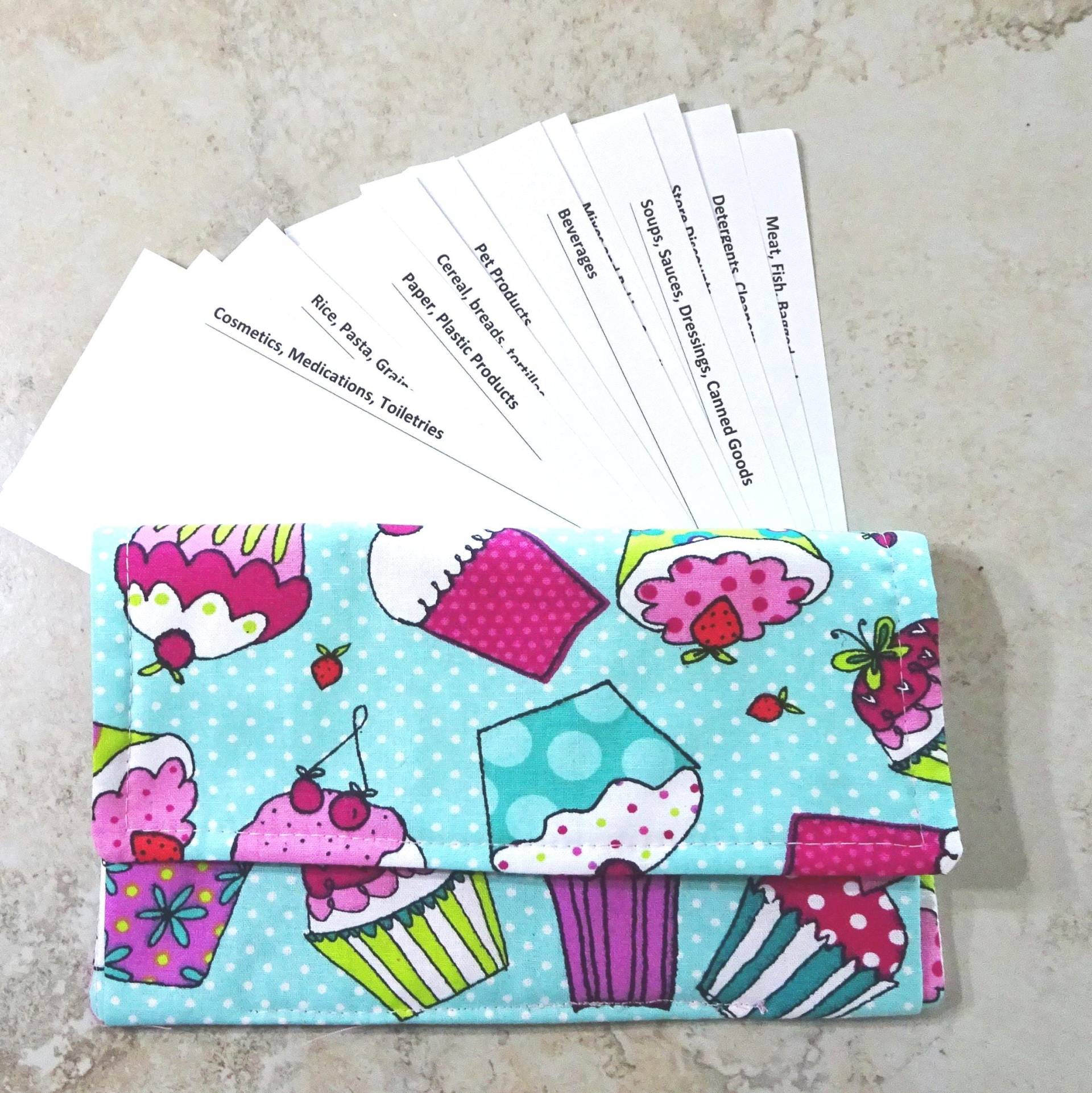 Cupcake Stoff Coupon Organizer Aqua Polka Dot Quittungsbrieftasche von delaMarCollection