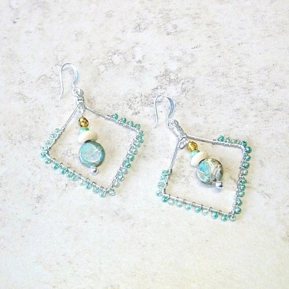 Ozean Jaspis Quadrat Creolen Boho Perlen Schmuck von delaMarCollection