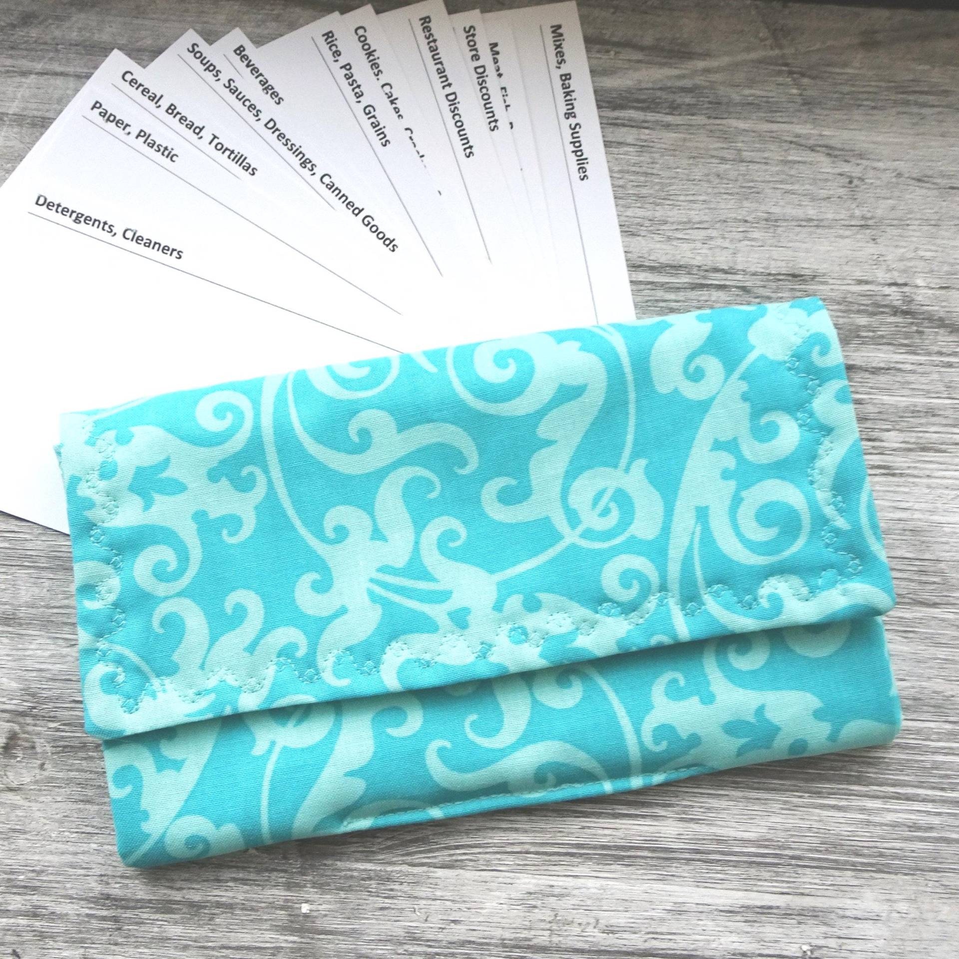 Türkis Stoff Coupon Organizer Quittung Geldbörse Mit Teiler von delaMarCollection