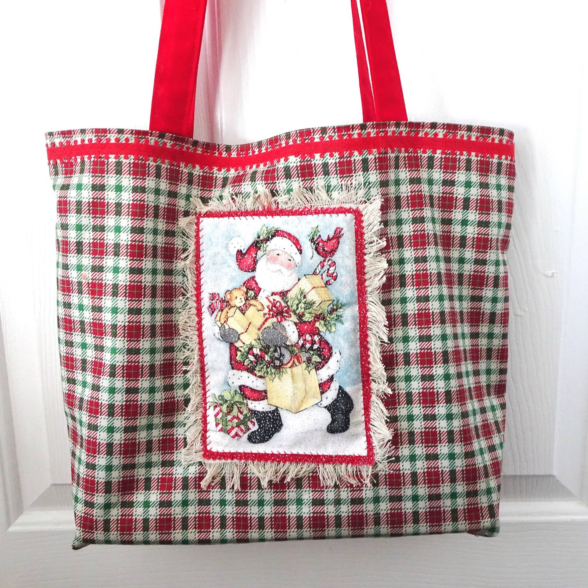 Karierte Weihnachtsmann-Einkaufstasche Feiertags-Geschenk-stofftasche von delaMarCollection