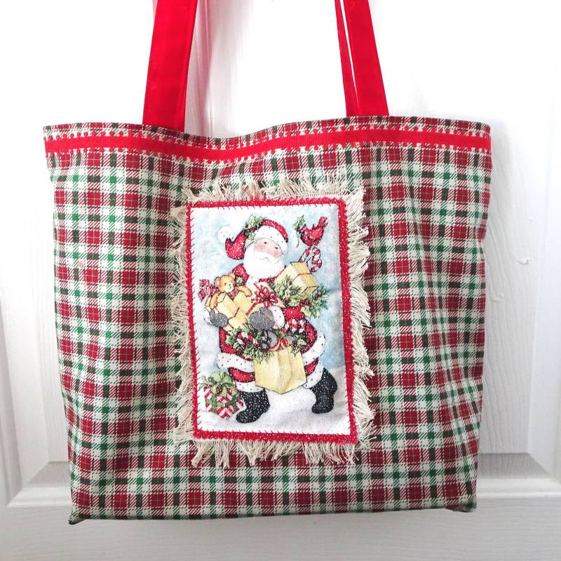 Karierte Weihnachtsmann-Einkaufstasche Feiertags-Geschenk-stofftasche von delaMarCollection