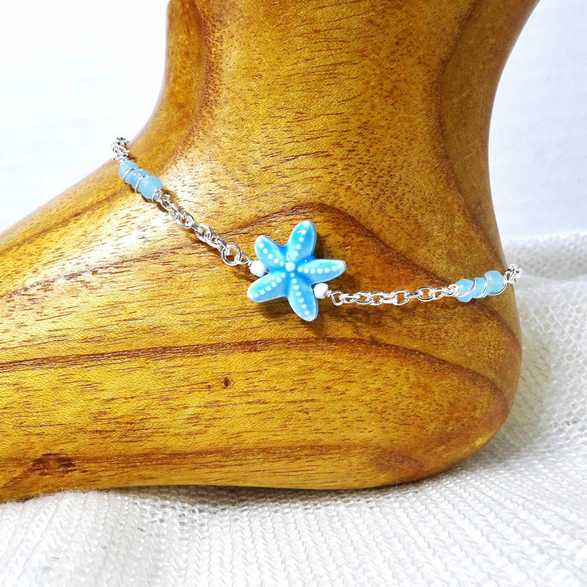 Silber Kette Blau Starfish Perlen Fußkettchen, Strand Schmuck Silber Kette Blau Starfish Perlen Fußkettchen, Strand Schmuck von delamarjewelry