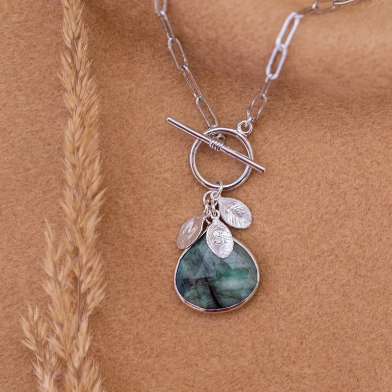 Benutzerdefinierte Smaragd Halskette, Initial Charm Paperclip Kette Silber, Chunky Toggle Verschluss Mit Echtem Edelstein Anhänger, Geburtstag von delezhen