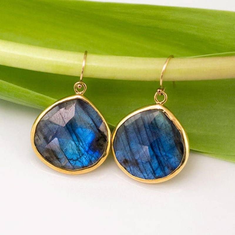 Einzigartige Labradorit Edelstein Ohrringe, Gold Baumeln Braut Hochzeit Statement Echte Schmuck Geschenk von delezhen