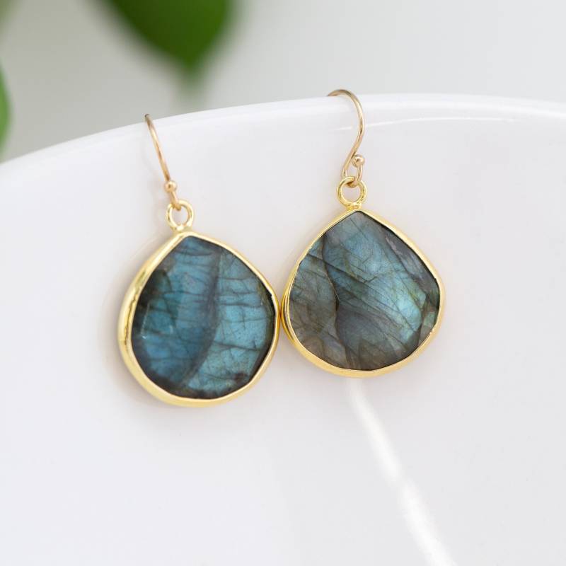 Große Labradorit Tropfen Ohrringe, Einzigartige Echte Edelstein Baumeln Haken Gold Oder Silber Bezeled Kristall Schmuck, Ruhestand Geschenke Frauen von delezhen