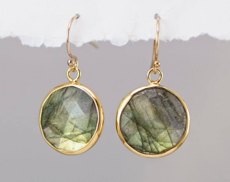 Runde Labradorit Ohrringe, Echte Edelstein Hängeohrringe, Einzigartige Regenbogen Flash Kristalle, Chunky Schmuck von delezhen