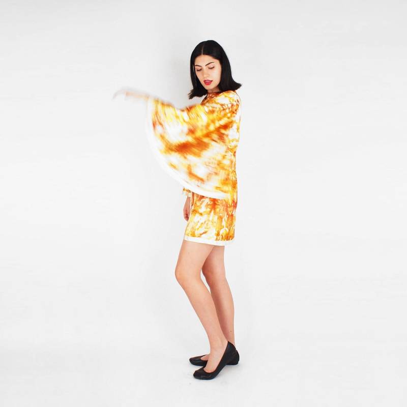 1960Er Jahre Engelsärmel Minikleid S - Satin Mit Gold Orange Print Vfg Mitglied von denisebrain