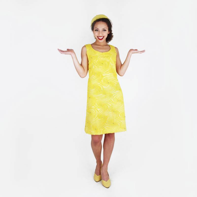 1960Er Jahre Hand Perlen Gelbes Cocktailkleid Mit Strass Besetzt Xs - Vfg Mitglied von denisebrain