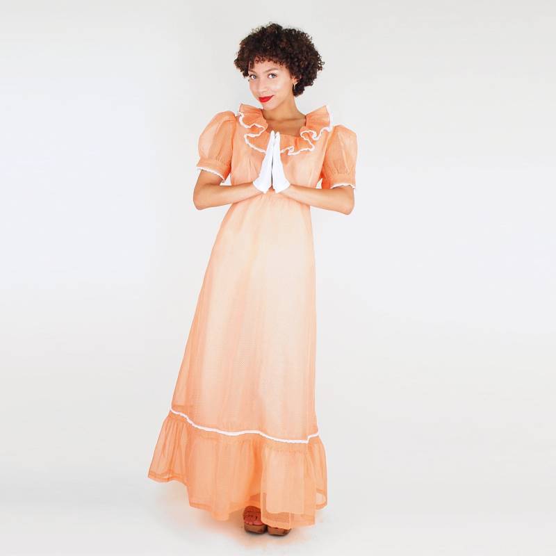 1970S Langes Puffärmel-Kleid Mit Gerüschtem Ausschnitt Pfirsich Gepunktet Schweizer Organza M - Vfg Mitglied von denisebrain