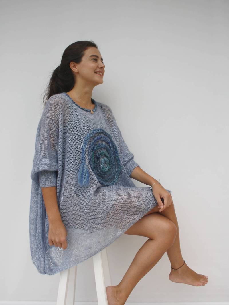 Handgestrickter Denim Blau Lockerer Strick Swater/Übergroßer Blauer Poncho Gestrickte Langärmelige Bluse Wollpullover Herbst Geschenke von denizgunes