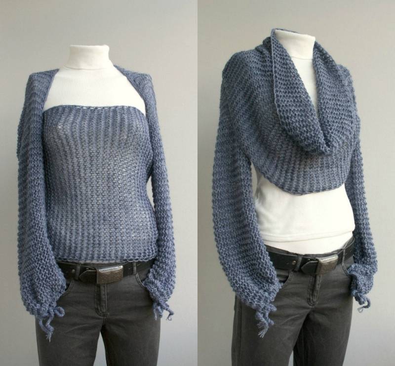 Handgestrickter Indigo Blauer Bolero Für Shrug Langarm-Acryl-strick-Wrap von denizgunes