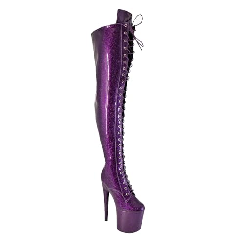denova's Damen Patent 20,1 cm hoher Absatz Schnürschuh Plateau Pole Dance Overknee Oberschenkelhohe Stiefel mit Reißverschluss, Violettes Glitzer-Patent 3, 8 US von denova's