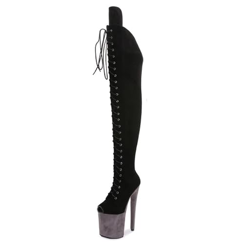 denova's Damenstiefel aus Wildleder, 20,1 cm, sehr hoher Absatz, Poledance, Overknee, Oberschenkelhohe Stiefel mit Reißverschluss, Schwarz / Grau, 39.5 EU von denova's