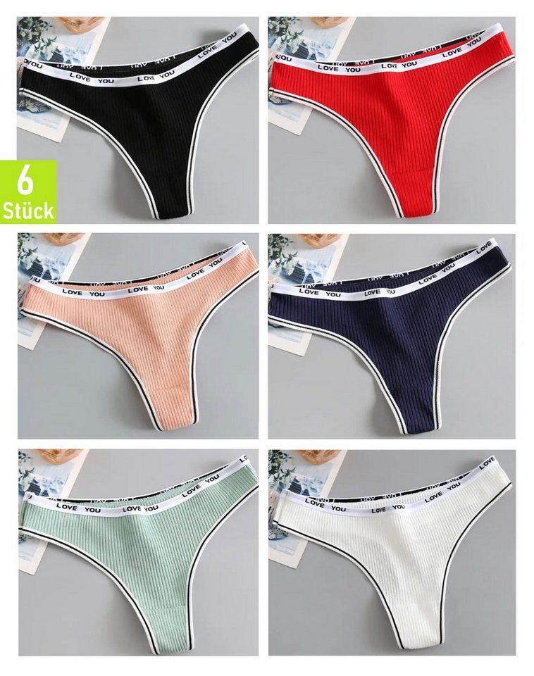 denu-shop Tanga Sport-Tangas ohne Nähte Damenunterwäsche Lingerie Unterhose (Set, 6-St., 6er-Pack) mit Schriftzug auf dem Bund von denu-shop