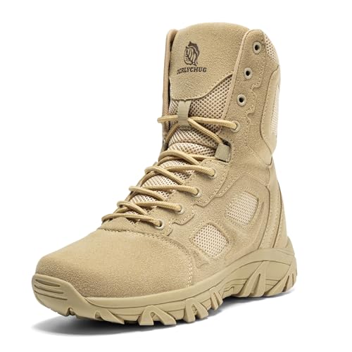 derlychug Männer Militärische Taktische Kampfstiefel Side Zipper Armee Stil Kampfstiefel für Wandern Jagd Training und Camping (Wildleder-Sand 41) von derlychug