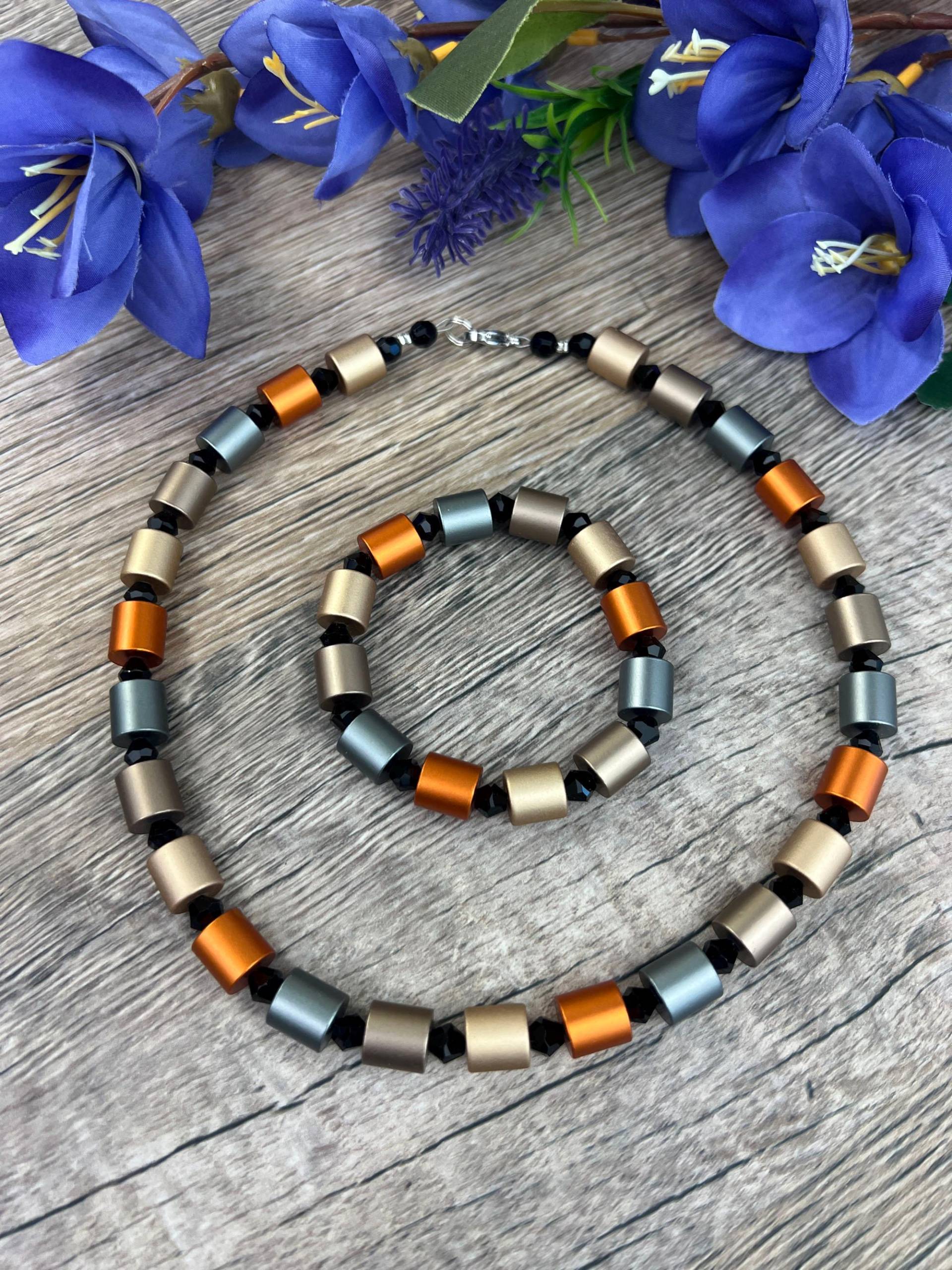 Damen Halskette Armband Eloxierten Aluminium Walzen, Herrenkette, Ø10mm Zylinder, Beige Bronze Silber, Edelstahl Verschluss von designROSENVOGEL