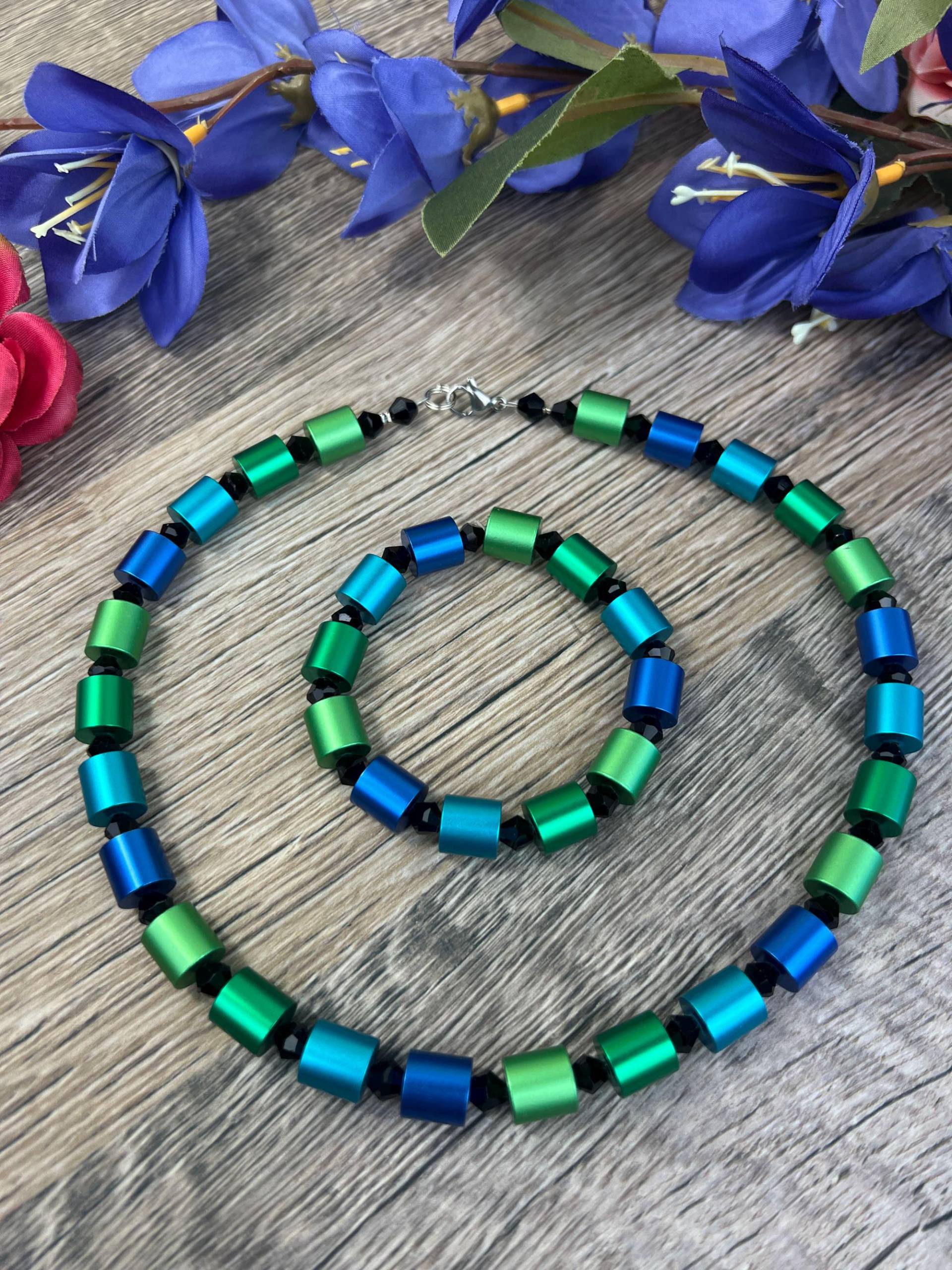 Aluminium Walzen Damen Halskette Armband Eloxierten Grün Blau, Herrenkette Aluminium, Ø10mm Walzen, Multicolor, Edelstahl Verschluss, 47cm von designROSENVOGEL