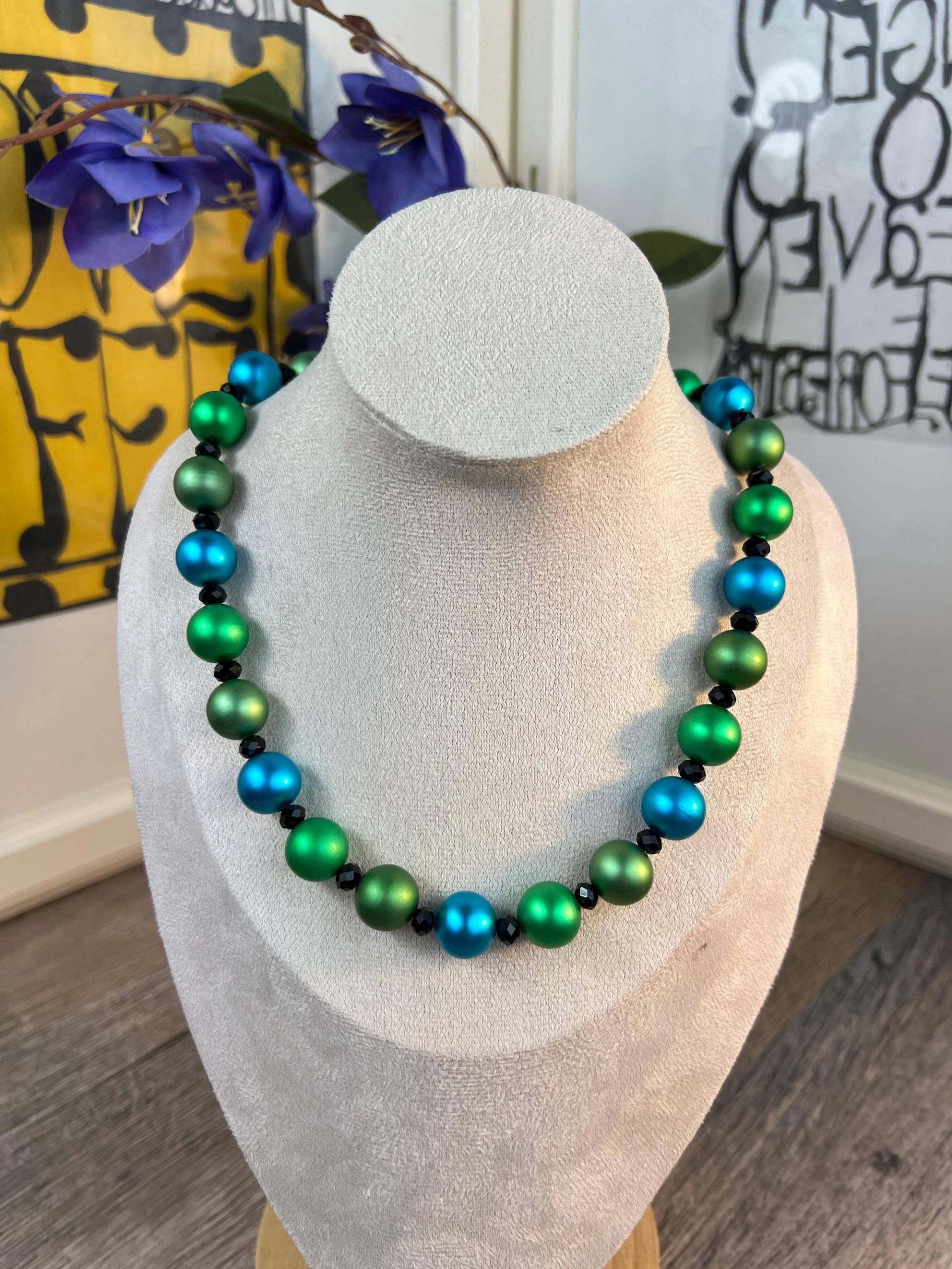 Damen Halskette Collier Grün Blau Eloxierten Aluminium Perlen Ø14mm Ozean, Armband, Walzenkette, Aluminium, Herrenkette , Necklace, Unisex von designROSENVOGEL