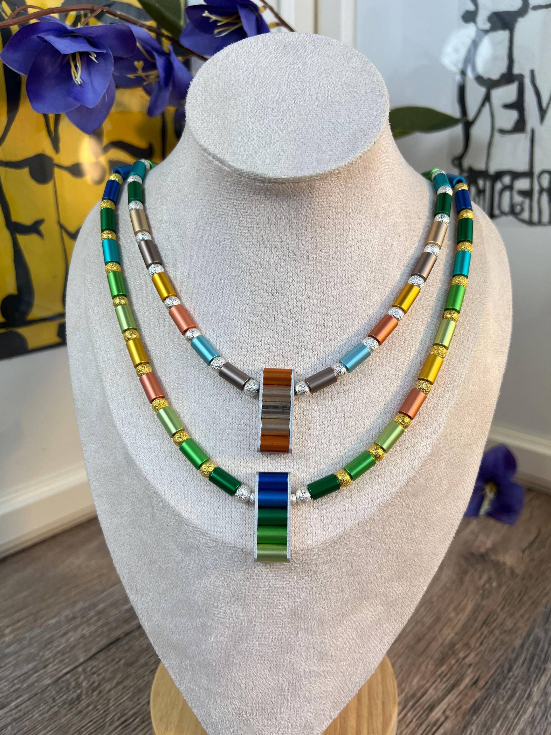 Damen Herren Halskette Aluminium Walzen Kette Gold Silber, Karibik, Unisex, Anhänger Alu Schiene, Grün Türkis, S-Haken Verschluss, Necklace Damen Herren Halskette Aluminium Walzen Kette Gold Silber, Karibik, Unisex, Anhänger Alu Schiene, Grün Türkis, S-Haken Verschluss, Necklace von designROSENVOGEL