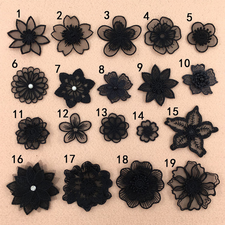 Schwarze Spitzen Applikation, 5stk Blumen Applikationen, 3D Aufkleber von designourlife