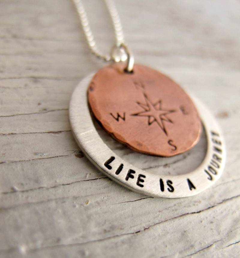 Das Leben Ist Eine Reise, Kein Ziel, Kompass-Halskette, Gemischte Metalle, Sterling Und Kupfer, Inspirierender Schmuck, Abschlussgeschenk von designsbydawnrenee