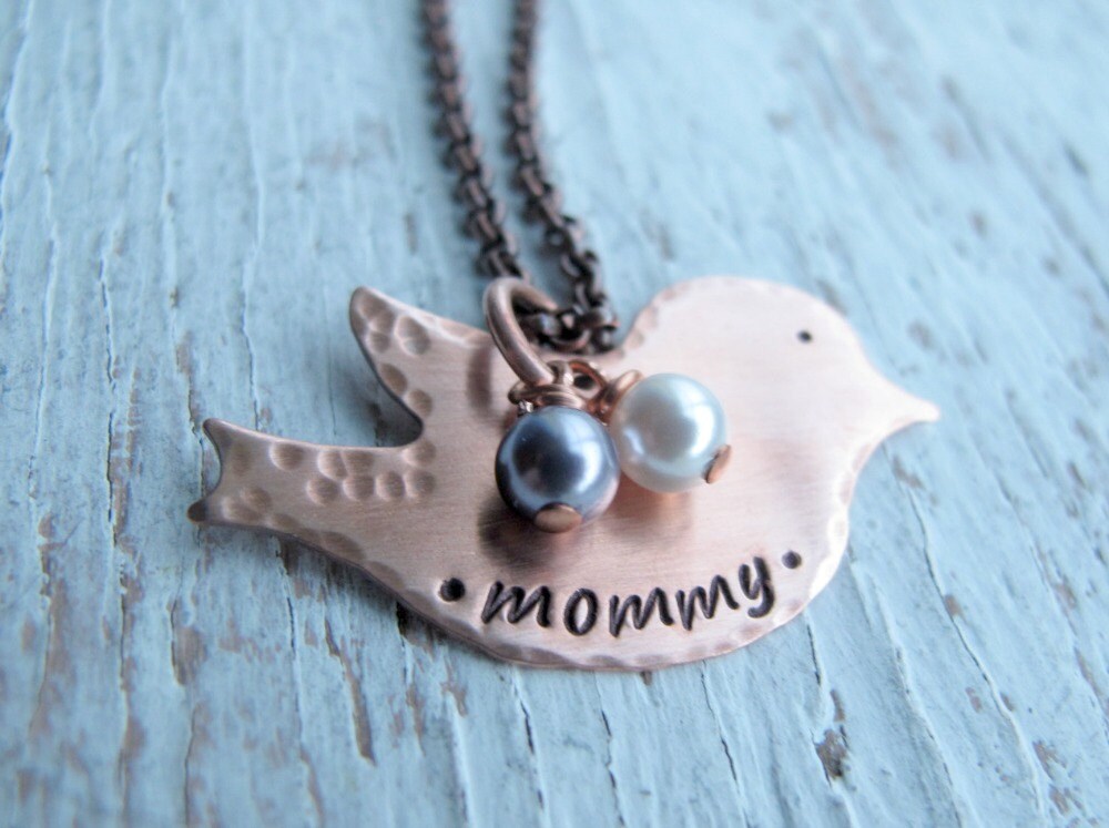 Kupfer Mama Vogel Personalisiert, Hand Gestempelt Schmuck, Mutter Halskette Mit Geburtssteinen von designsbydawnrenee