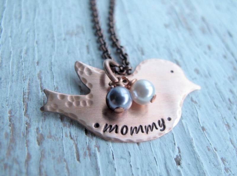 Kupfer Mama Vogel Personalisiert, Hand Gestempelt Schmuck, Mutter Halskette Mit Geburtssteinen von designsbydawnrenee