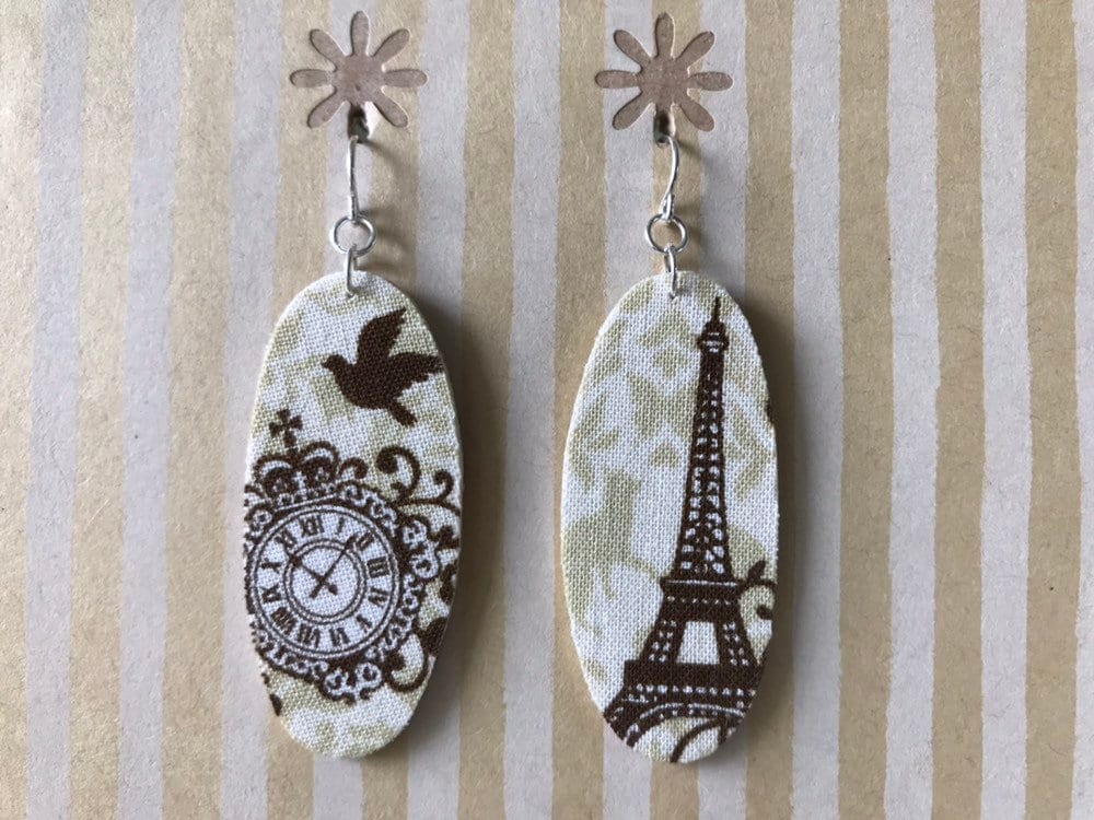Leichte Ohrringe Stoff - Große Beige Oval Mit Zeitreise Nach Paris, Eiffelturm, Sterling Silber Ohrhaken von designsbywenia